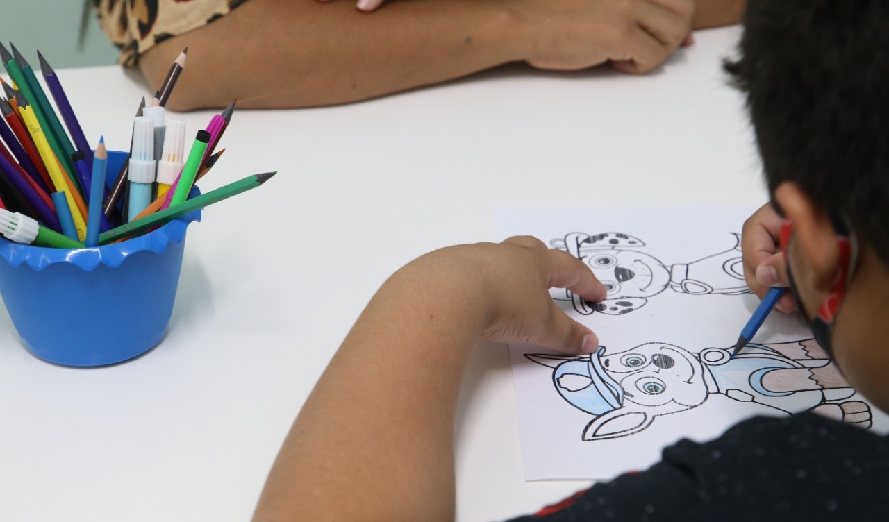 menino de costa pintando uma desenho com lápis de cor